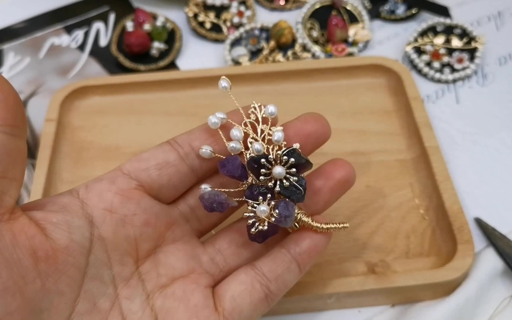 diy手工天然石胸针材料包教程