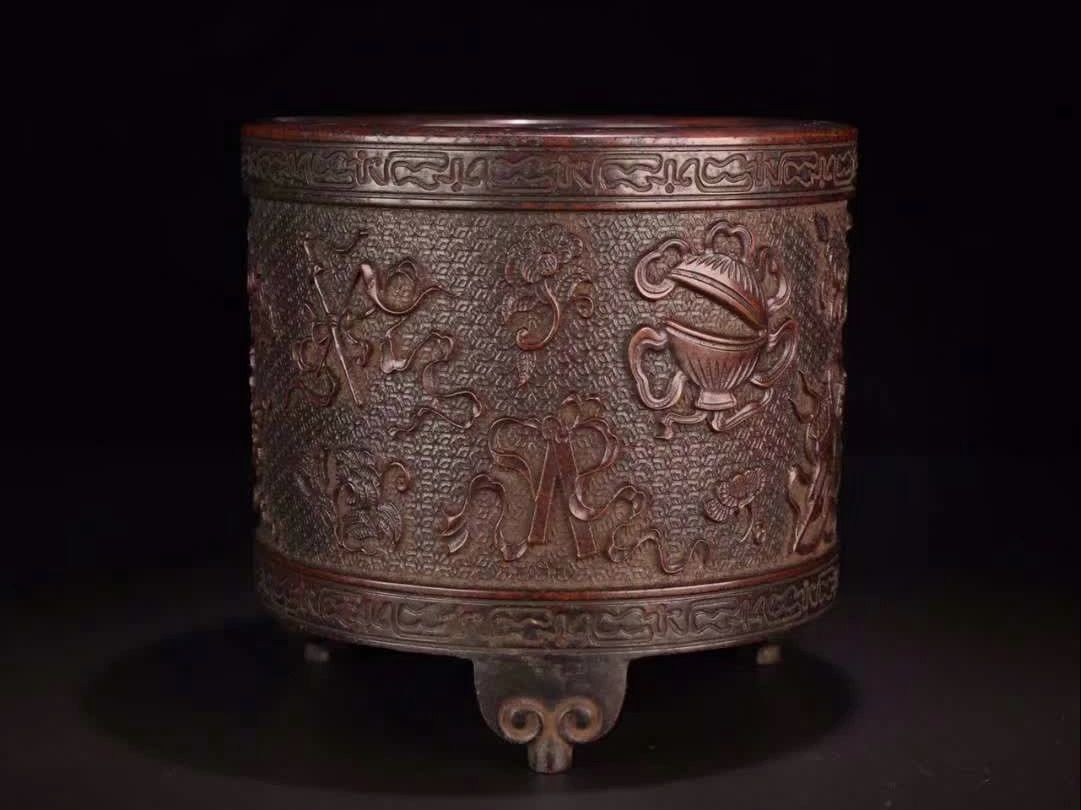 明代 铜铸「暗八仙纹」直筒式香炉