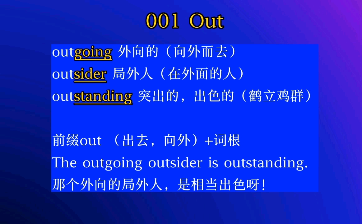 [图]一分钟记三单词 001（英语单词轻松记）：outgoing 外向的，outsider 局外人，outstanding 突出的，出色的