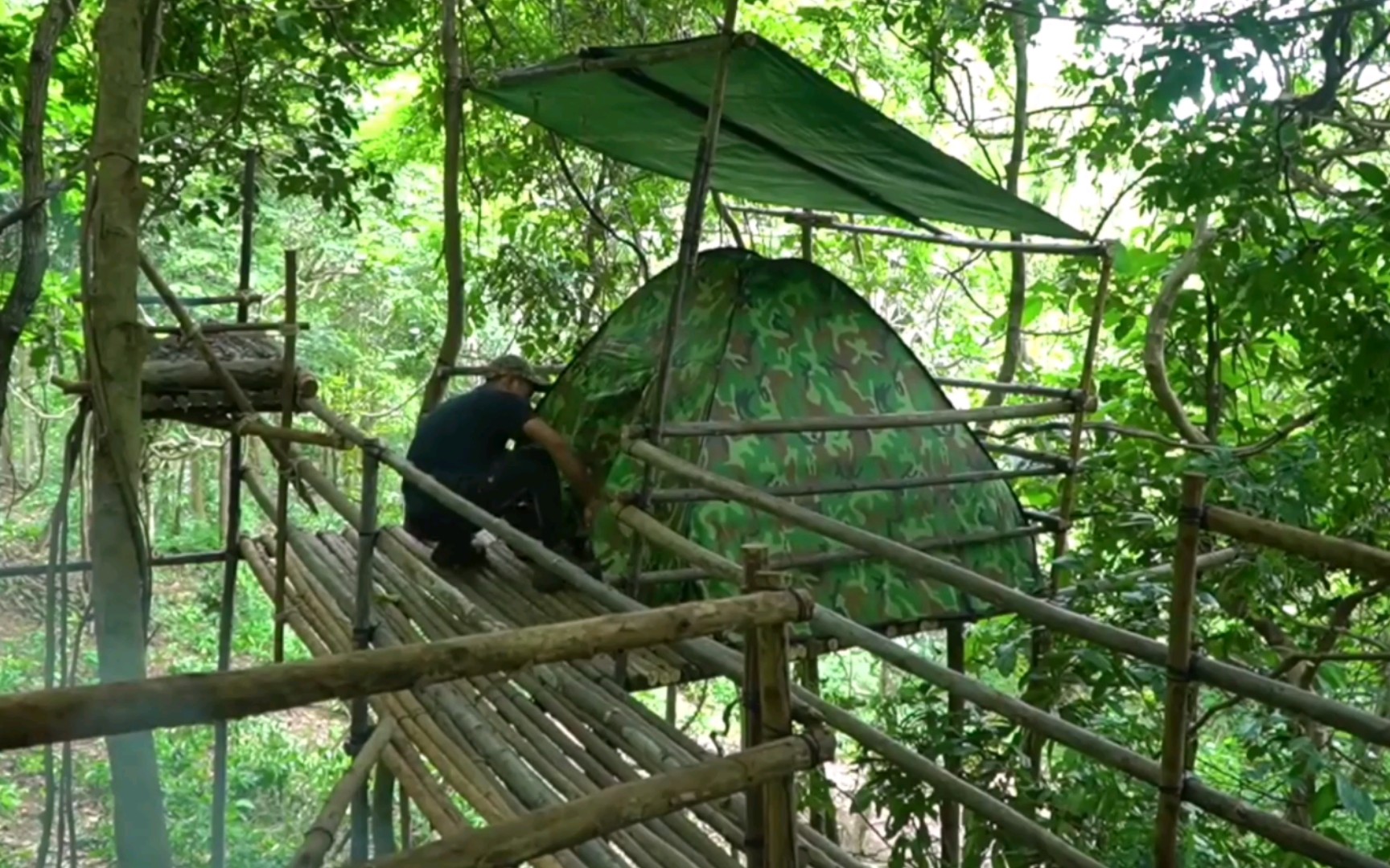 空中楼阁,万重苍翠,丛林建造离地平台树屋营地,木制躺椅,吊床休息,帐篷野营,生火堆烤鸡腿,鸡脖哔哩哔哩bilibili