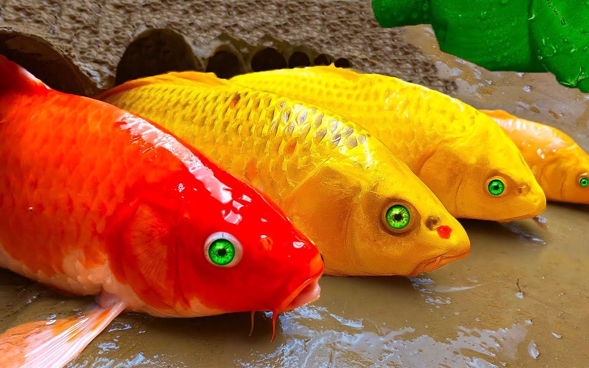 锦鲤鱼,粉红鲶鱼捕捉章鱼鲤鱼鳗鱼杜鹃泥烹饪实验