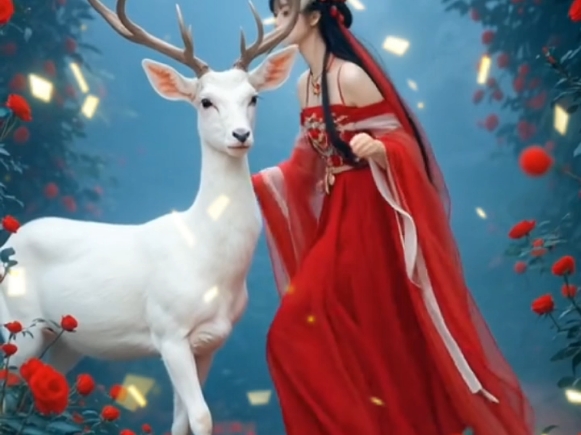 #红衣古风美女骑羊