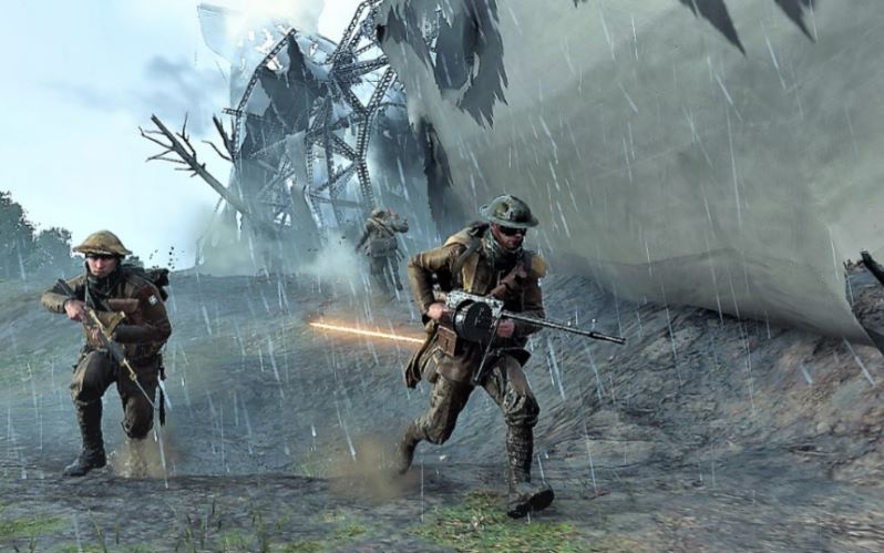 在友军突击兵的掩护下,机枪手们英勇地冲进了敌军阵地(《战地1》mg14