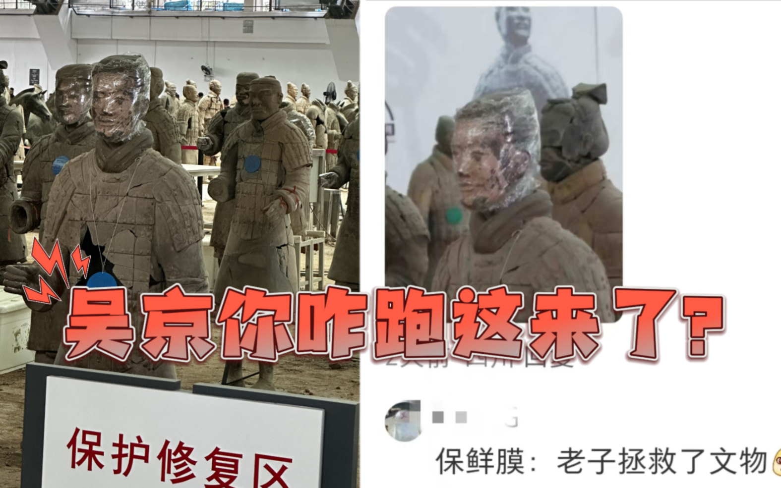 [图]游客偶遇上个月刚出土的兵马俑，“以为吴京套了保鲜膜在那儿杵着”，来源#小羊拍客