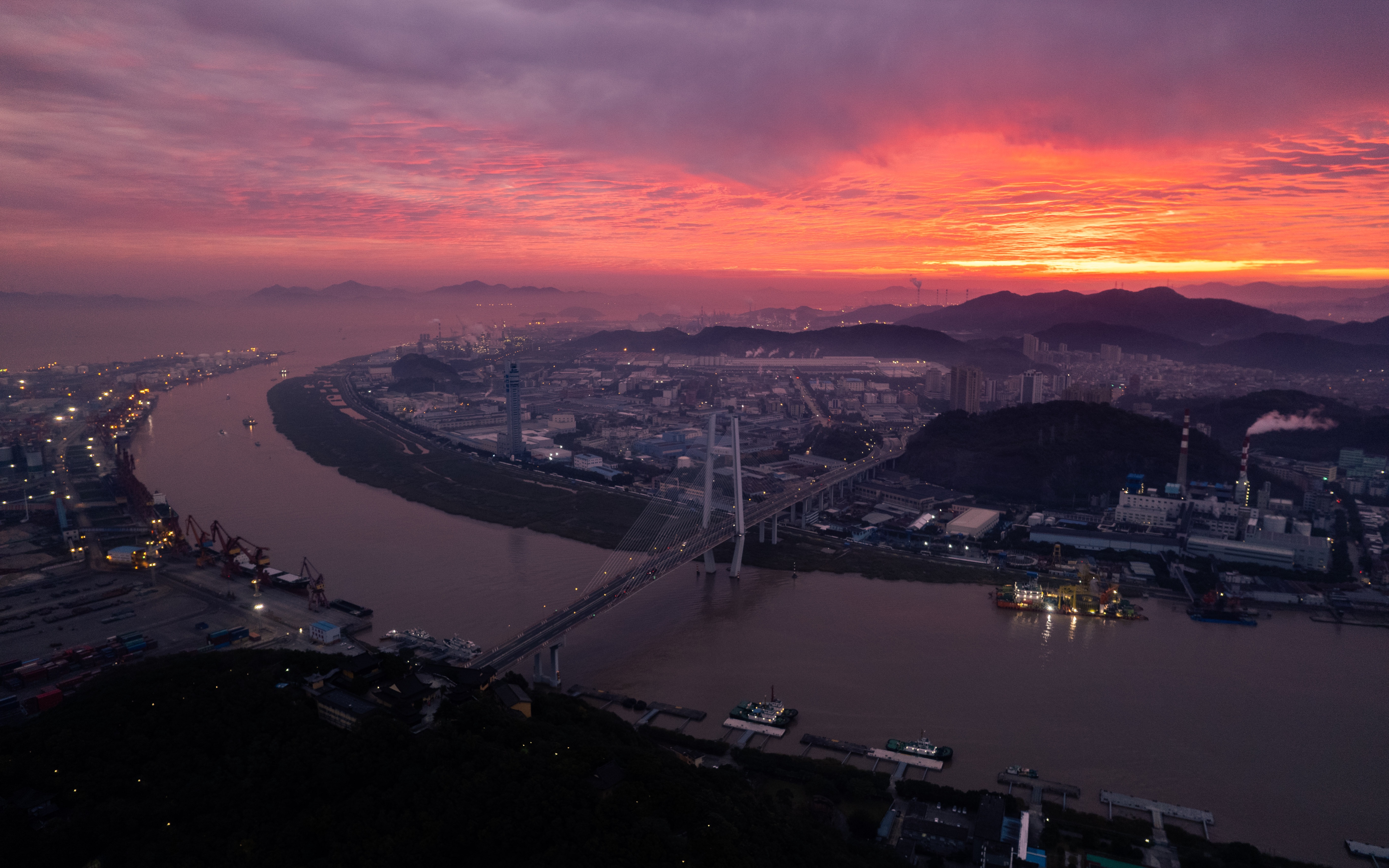 【4k-hdr 宁波航拍】甬江入海口日出