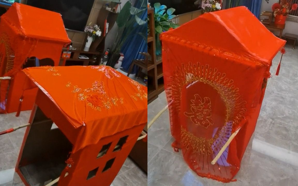 幼儿园安排手工作业,娃爸做出缩小版花轿看懵娃妈:留着娶媳妇?