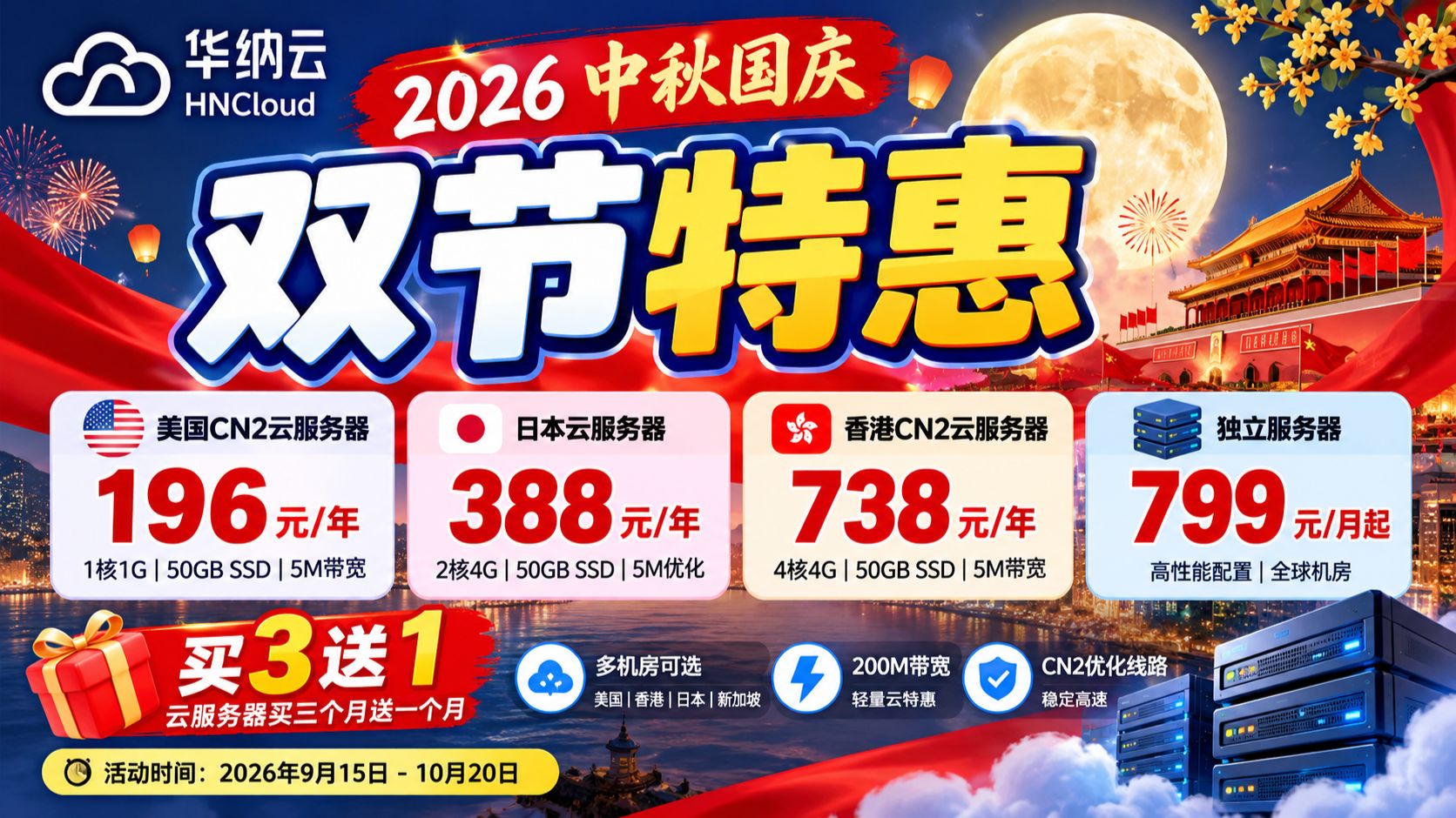 196元一年能买什么云服务器?华纳云双节活动,香港、日本、美国VPS优惠盘点