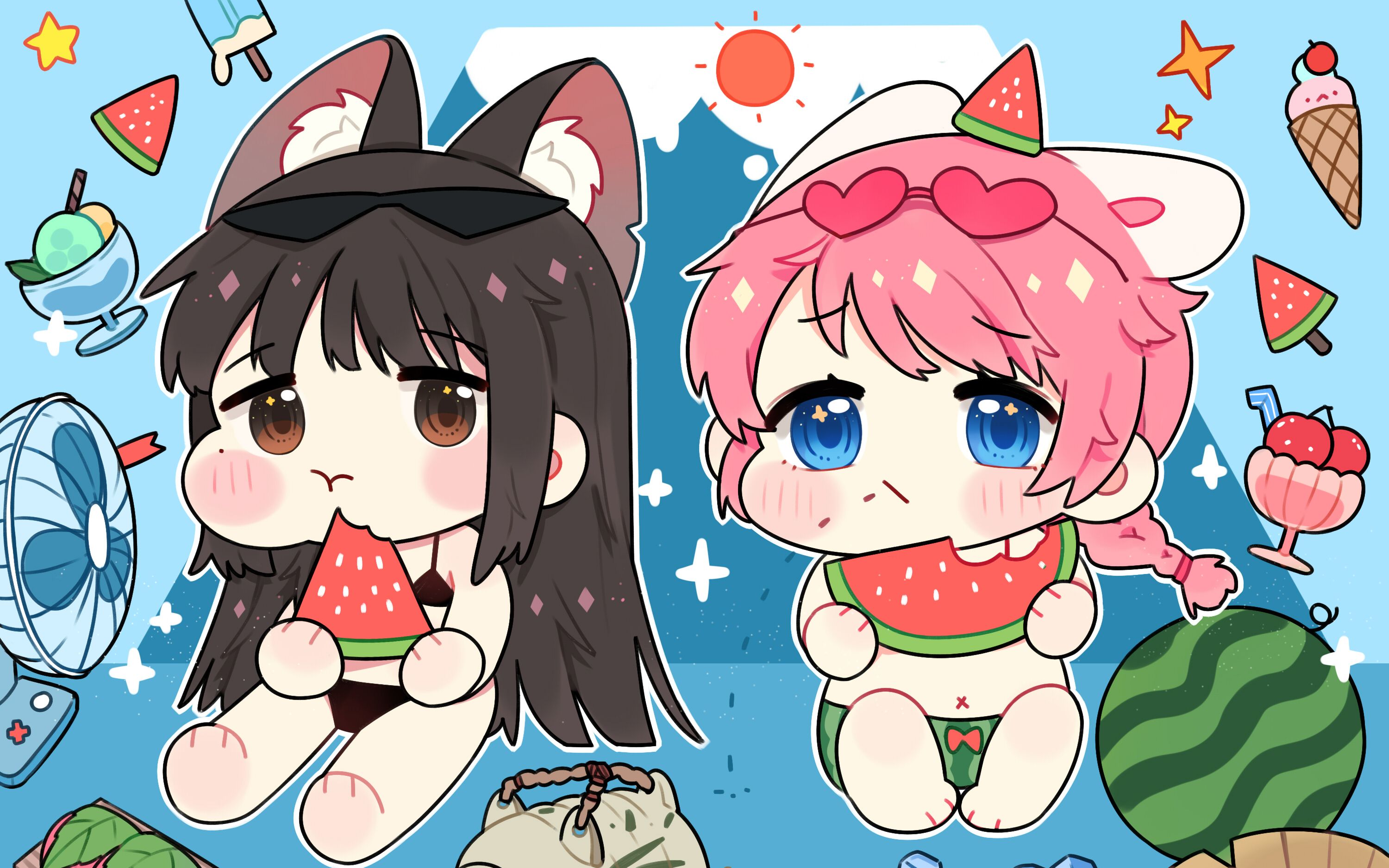 【q版绘画】夏天惹 吃瓜吹风扇~_哔哩哔哩 (゜-゜