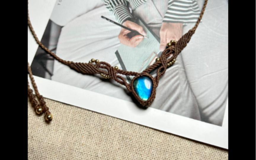 macrame拉长石蓝水滴锁骨链 手作项链