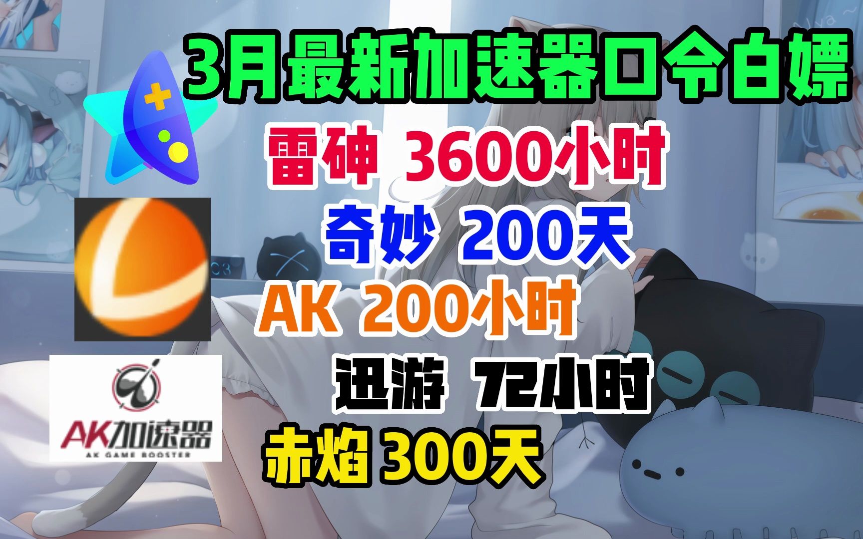 雷神加速器3月2号免费白嫖3600h!AK加速器200小时,奇妙赤焰300天评论区送周卡月卡!网络游戏热门视频