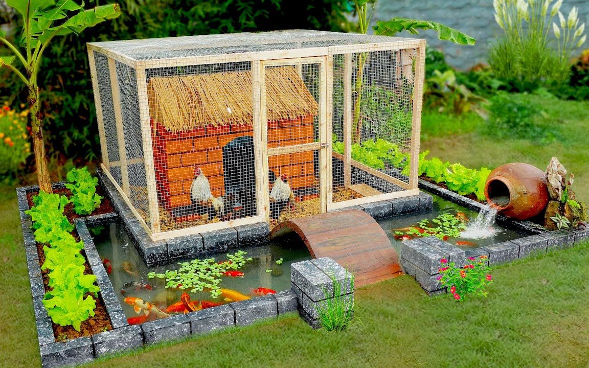 大叔又放大招了,在院子里砌鸡舍鱼池一体式设计,简直太独特奢华了