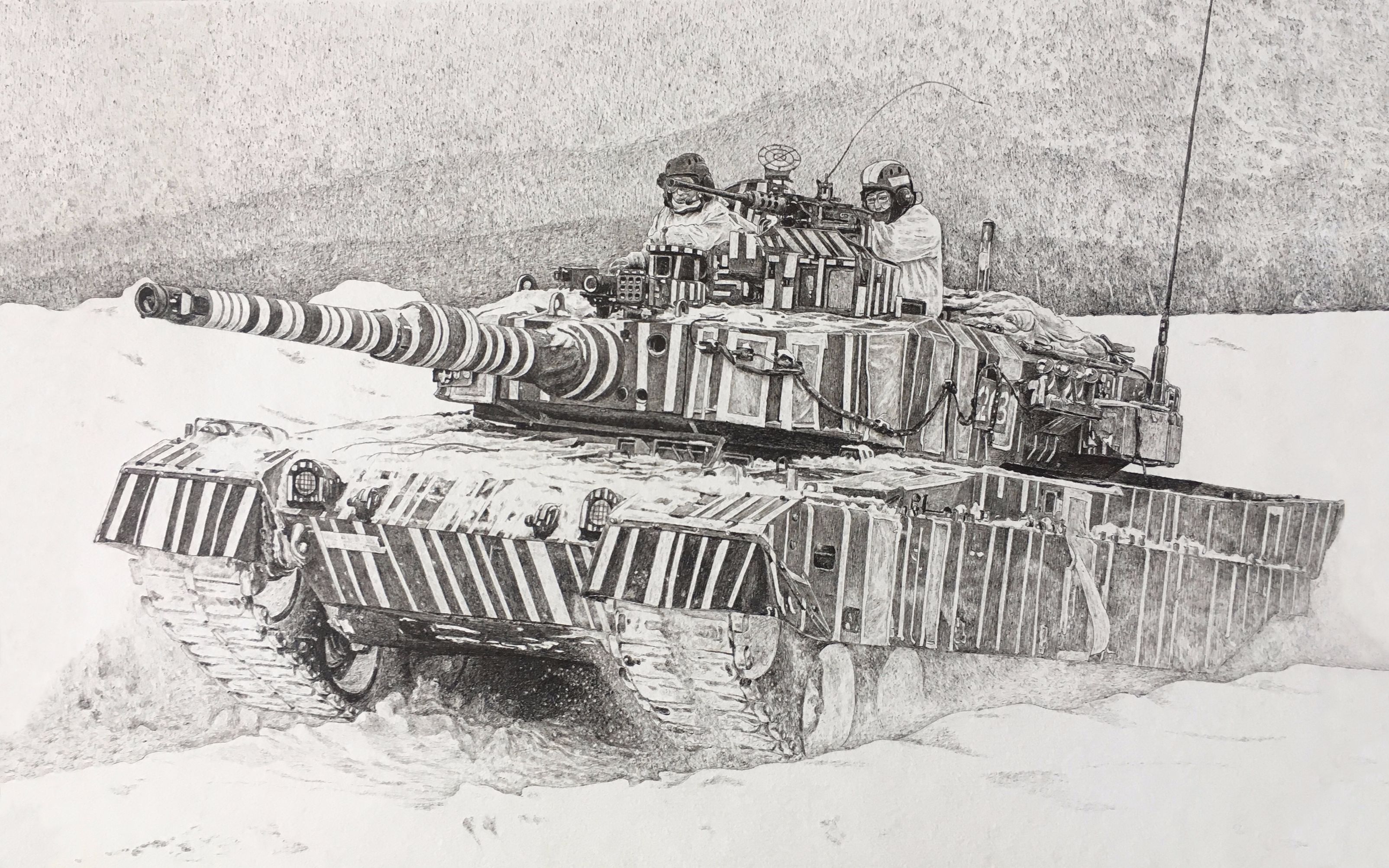 手绘雪地里疾驰的日本90式坦克