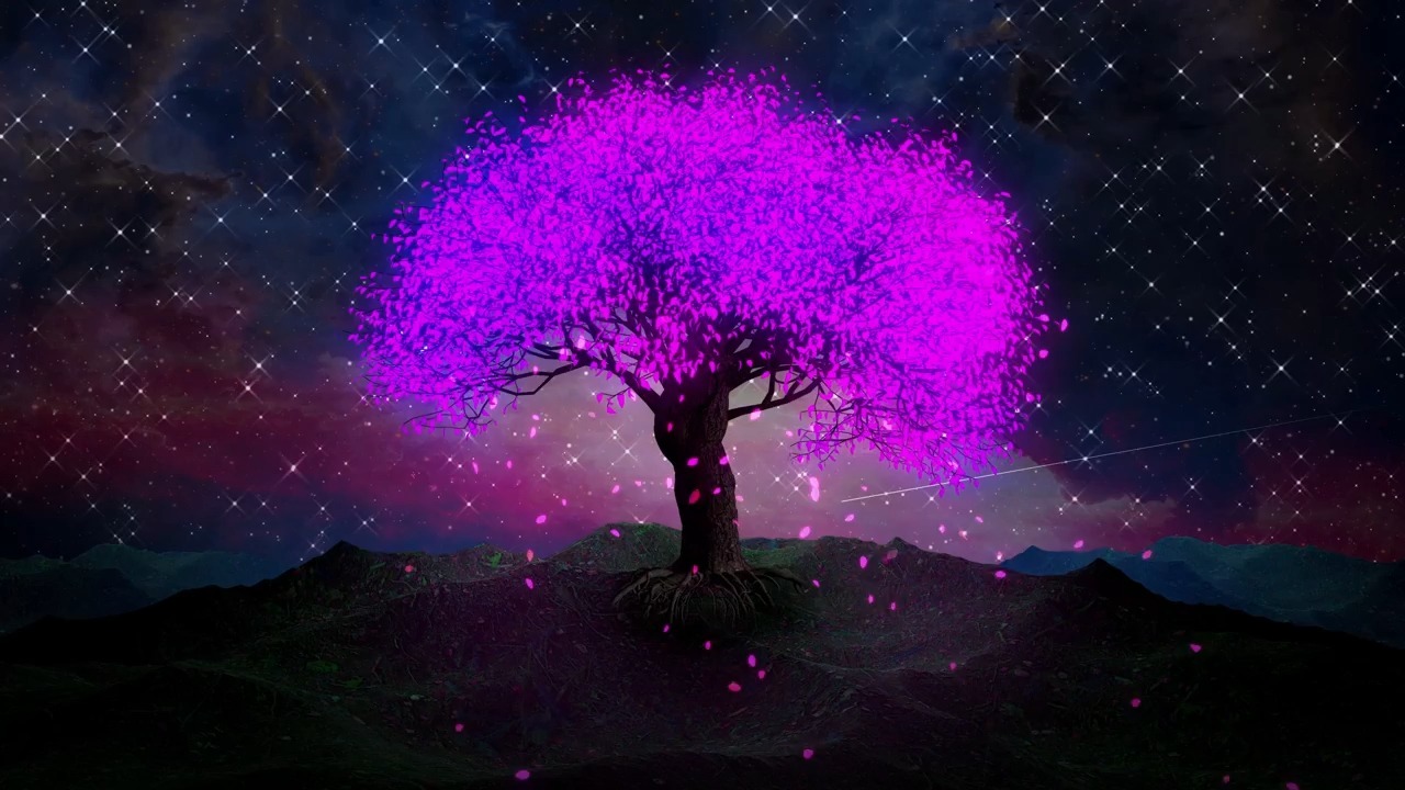 4108k 4k画质一颗紫色大树夜空中星星闪闪发光星光闪耀粒子幼儿园小学