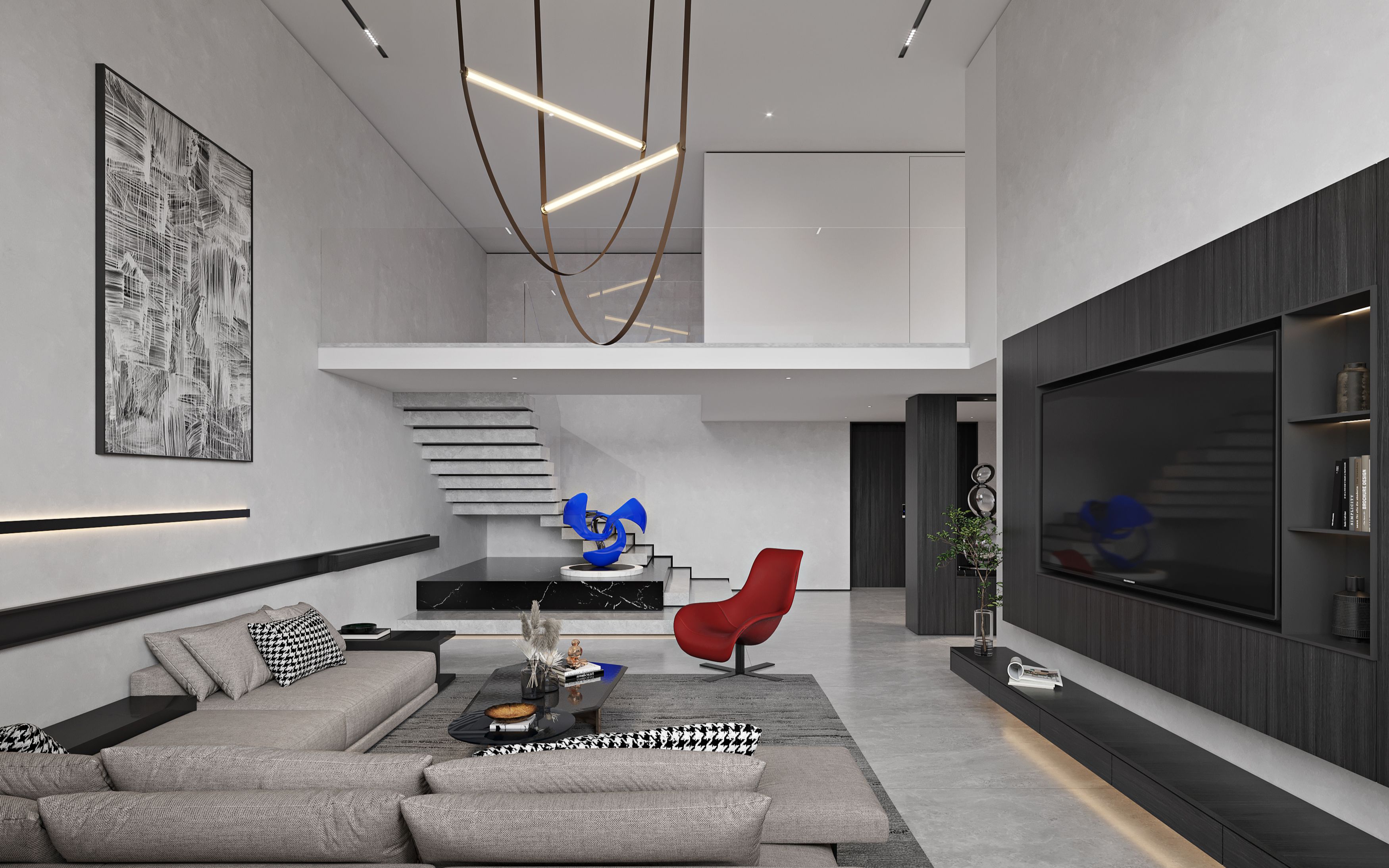 复式公寓融入了色彩,体块穿插及人与空间的关系,呈现出个性,质感和