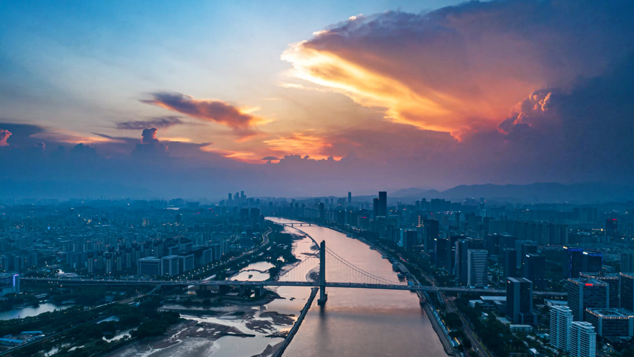 航拍福州金融港夜景