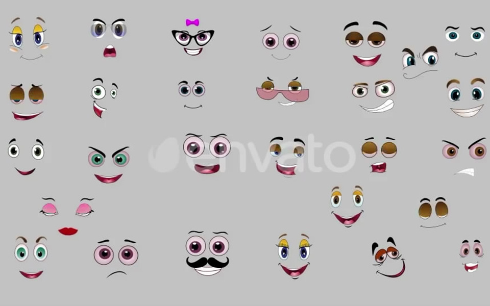 视频素材-29个4k可爱卡通表情综艺贴图面部动画循环素材