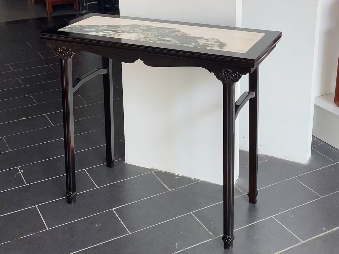 紫光檀东非黑黄檀·浮雕云纹小条案面板镶嵌天然云石尺寸:96×40×83