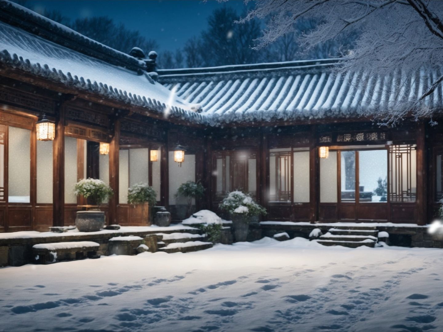 冬夜江南梦雪飘,静寂庭院梦境遥.青砖小径银装地,灯火微弱似烛烧.