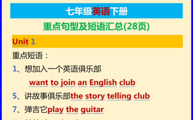 七年级英语下册重点句型及短语汇总哔哩哔哩bilibili