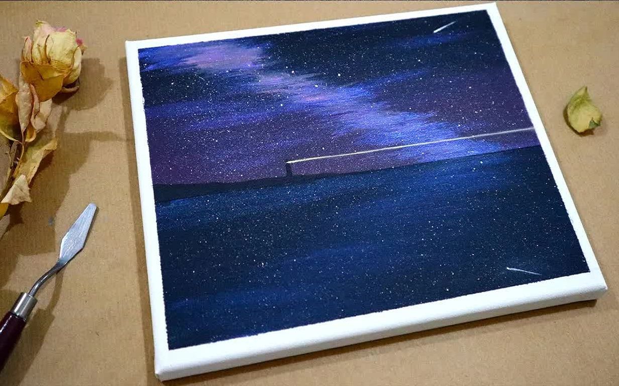 【丙烯画】【新手向】【中字】伴着星空的极光夜Aurora Lights Night Sky with Acrylics哔哩哔哩bilibili