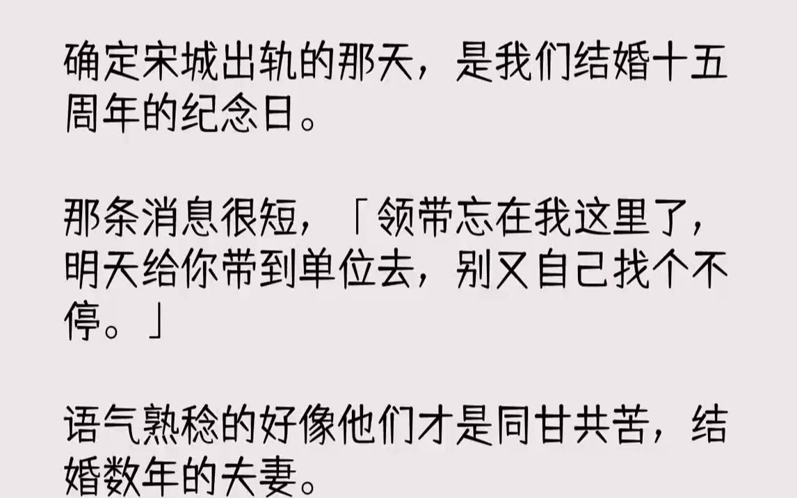 [图]【完结文】确定宋城出轨的那天，是我们结婚十五周年的纪念日.那条消息很短，「领带忘在我这里了，明天给你带到单位去，别又自己找个不停...