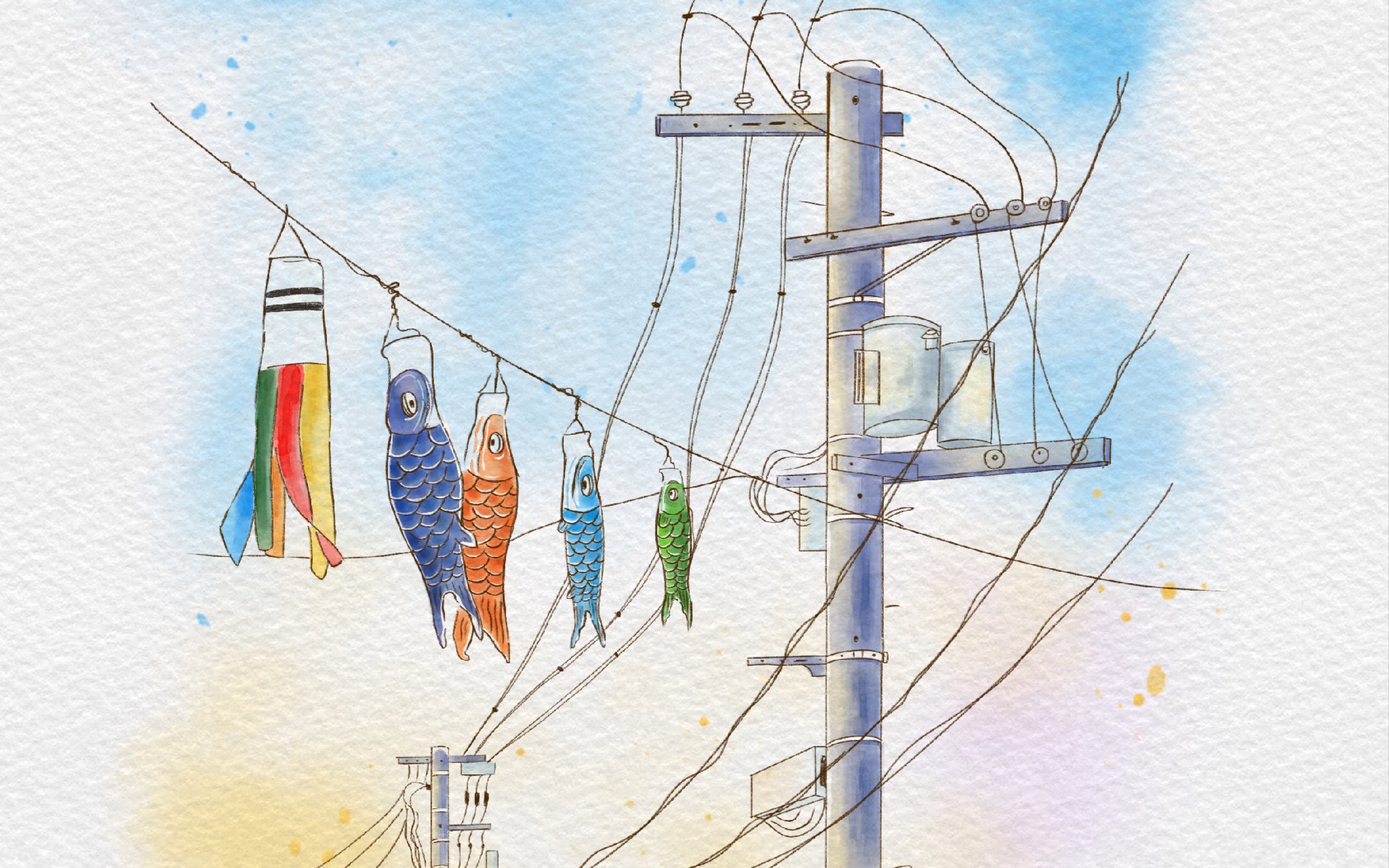 procreate水彩插画临摹l 绘画过程l 鲤鱼旗与电线杆