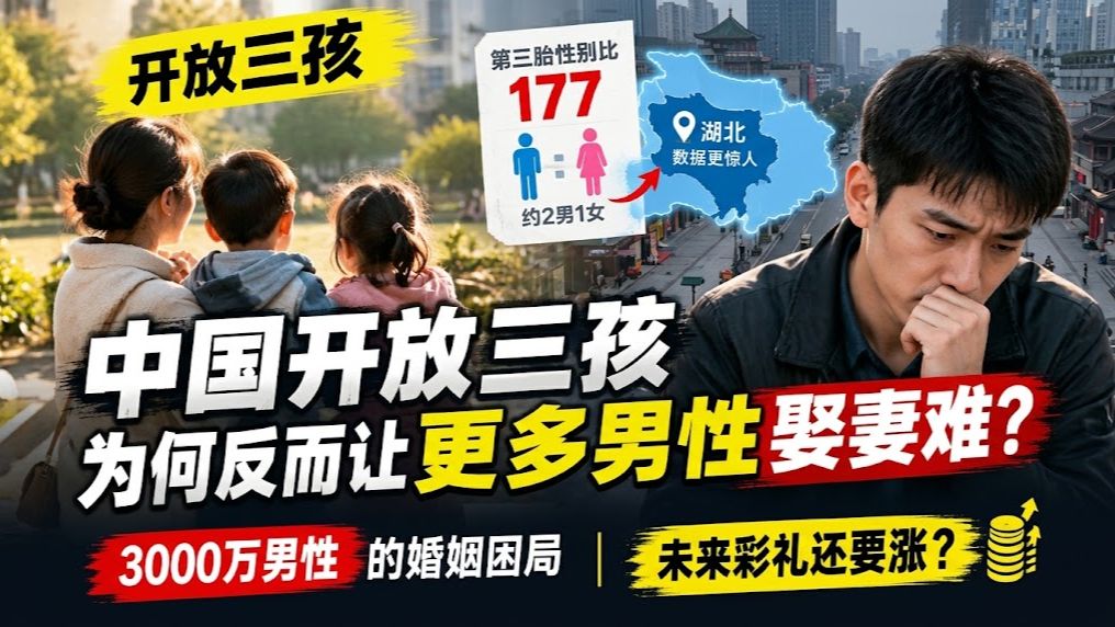 中国开放三孩，为何反而让更多男性娶妻难？第三胎性别比飙至177，湖北数据更惊人！3000万男性的婚姻困局，未来彩礼还要涨？