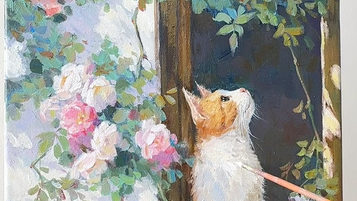 【丙烯】赏蔷薇花的猫咪