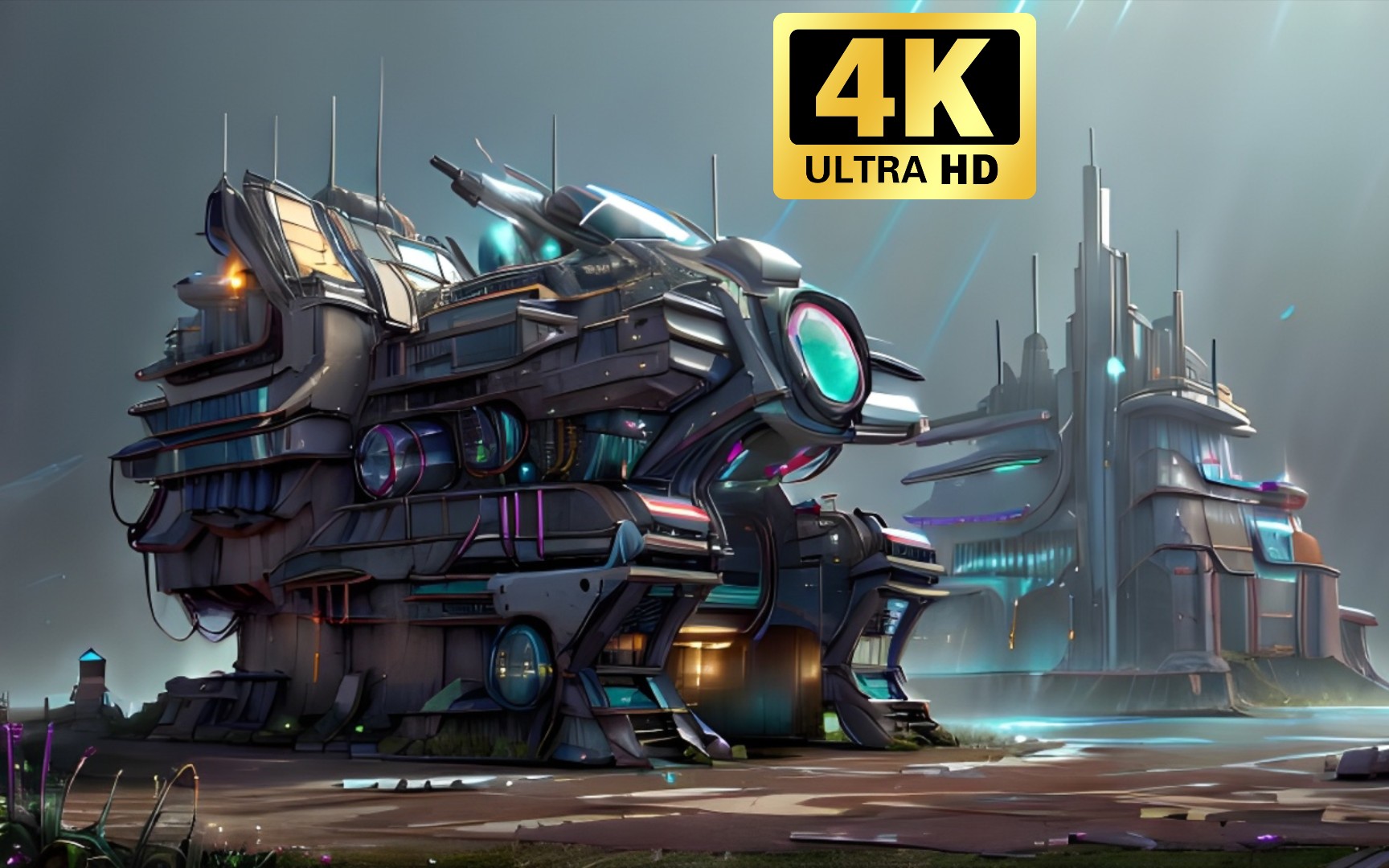 【赛博朋克】4k史诗级大型科幻卡通建筑场景之十七,ai绘画设计