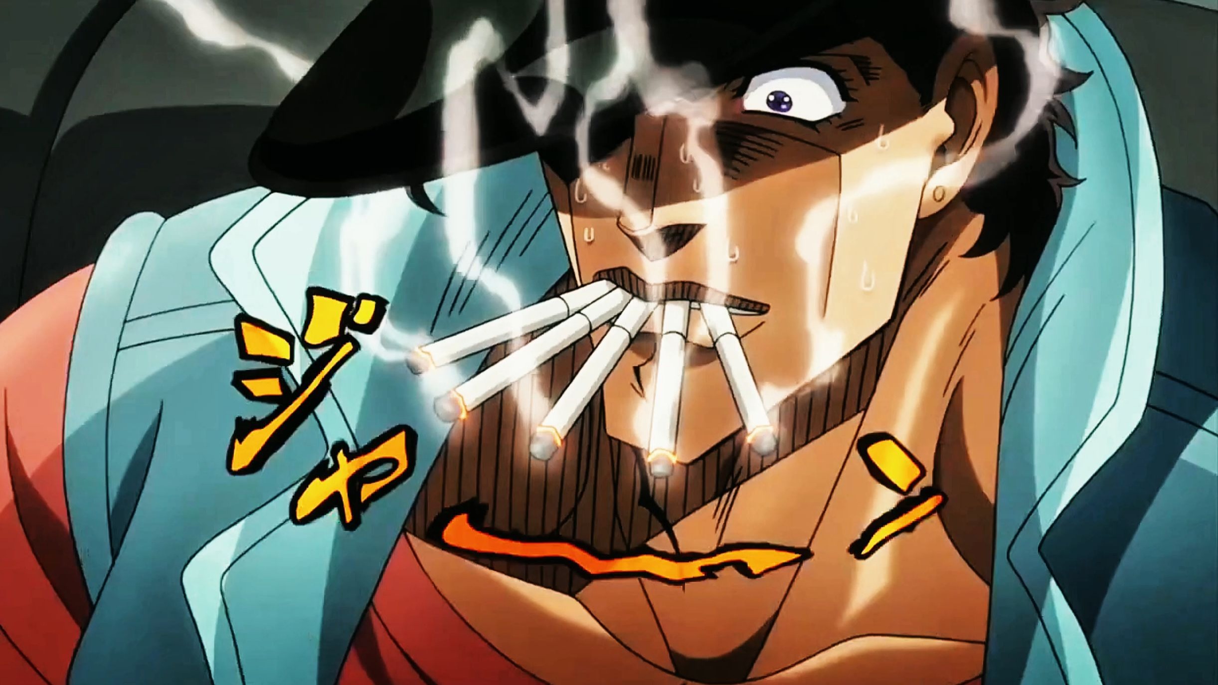 承太郎绝活:嘴里含5支烟喝果汁不灭烟