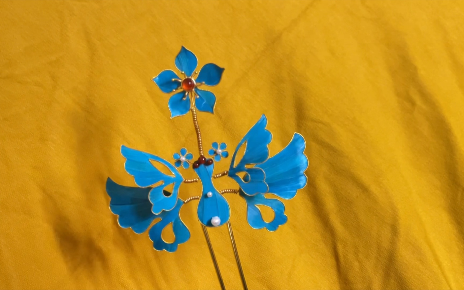 秋肆 鹅毛仿点翠双层蝴蝶发簪