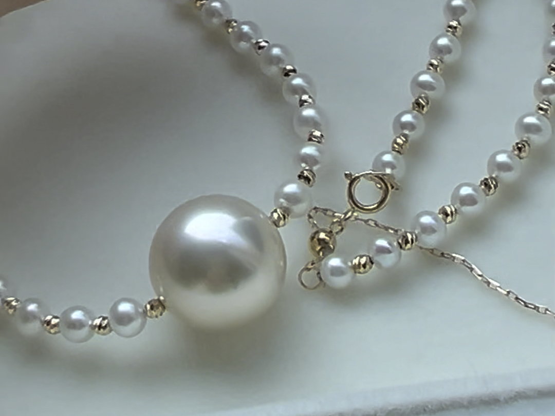 众星捧月!18k真金闪金链配3-4mm极光国产ak珍珠!