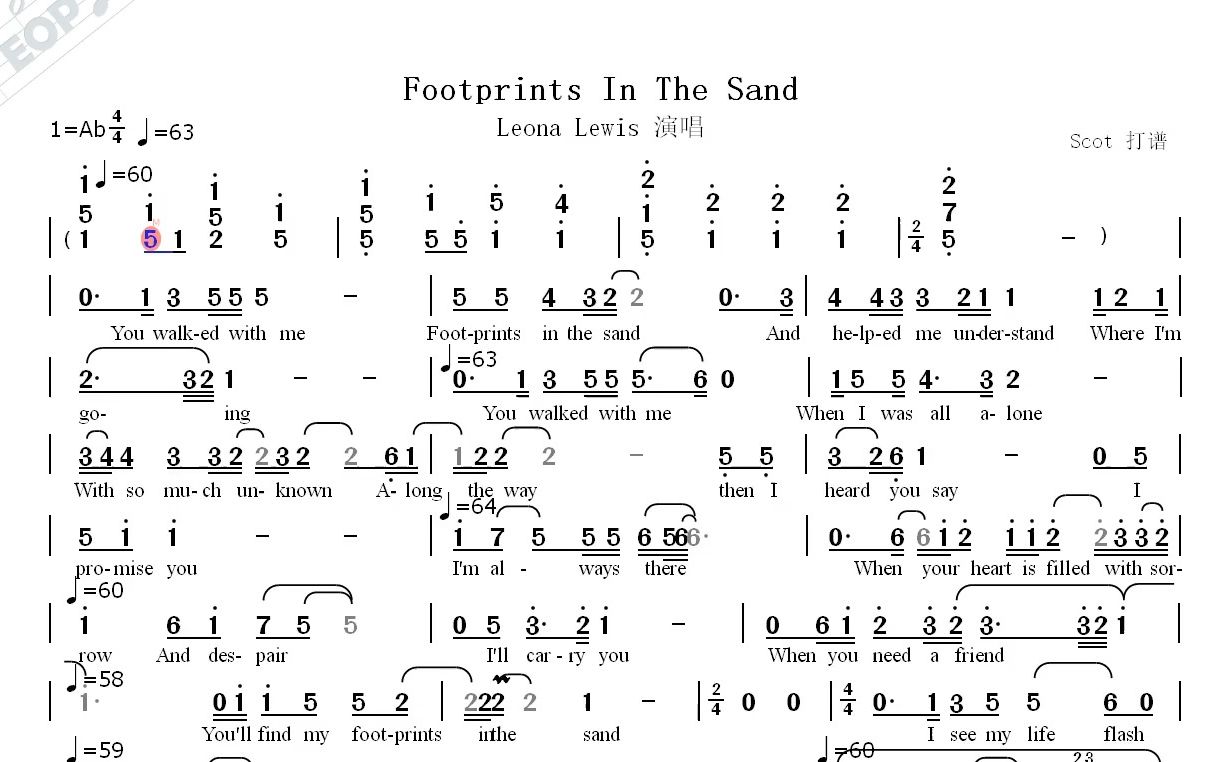 [图]Footprints In The Sand（Leona Lewis演唱）--动态简谱