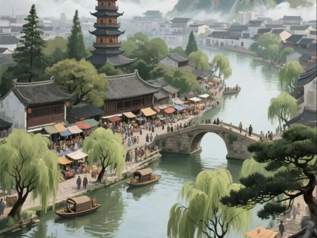 aicg插画 京杭大运河 苏州杭州古风场景插画设计场景设计素材