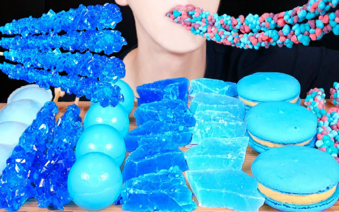 jimmy蓝色甜食拼盘飞碟糖琥珀糖地球果冻软糖马卡龙冰晶棒棒糖珠串粒