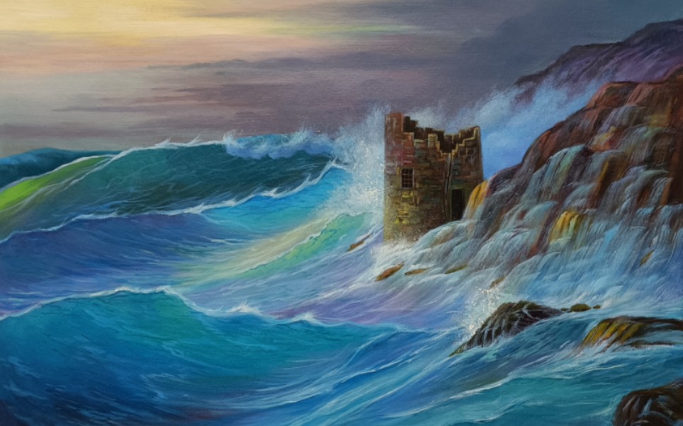 远看平静,近看波涛汹涌,用油画表现惊涛骇浪