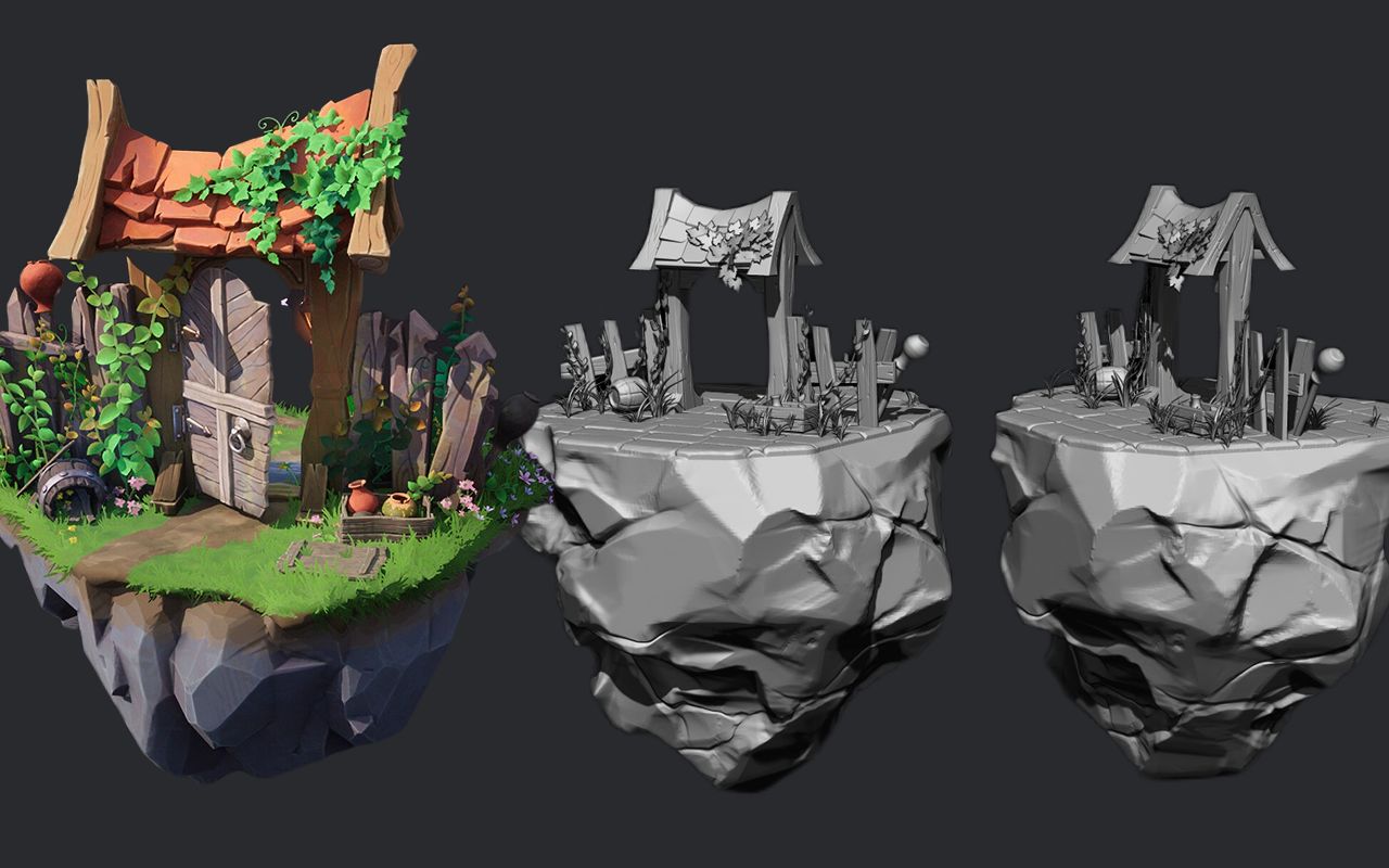 【zbrush】零基础简单小山石木屋场景制作 木质结构布线方式方法教学