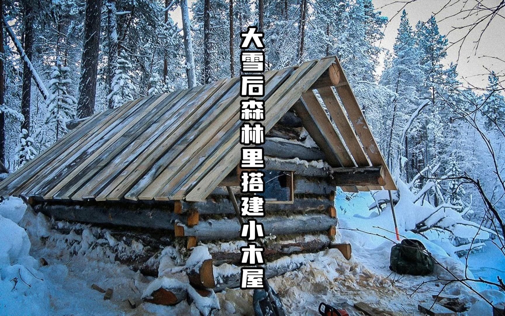 大雪后前往白雪皑皑的森林搭建未完成的小木屋建造工作 不得不说老哥的木工活还是不错的哔哩哔哩bilibili