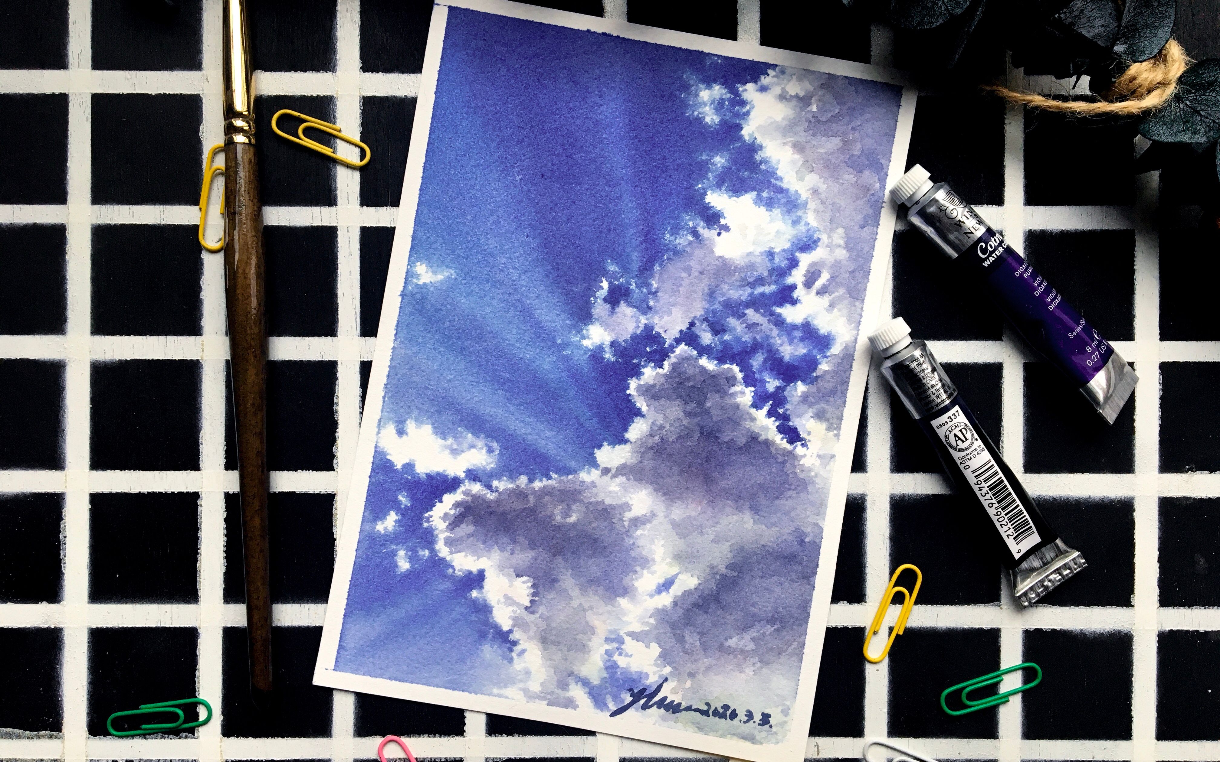 水彩教程水彩手绘过程写实风景画蓝天白云光天空系列云光