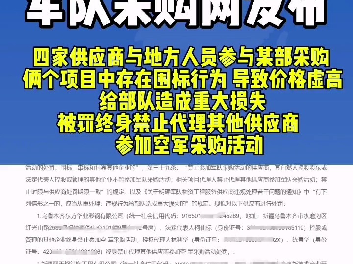 军队采购网发布! 四家供应商与地方人员参与某部采购俩个项目中存在围标行为,导致价格虚高给部队造成重大损失,被罚终身禁止代理其他供应商参加空军...