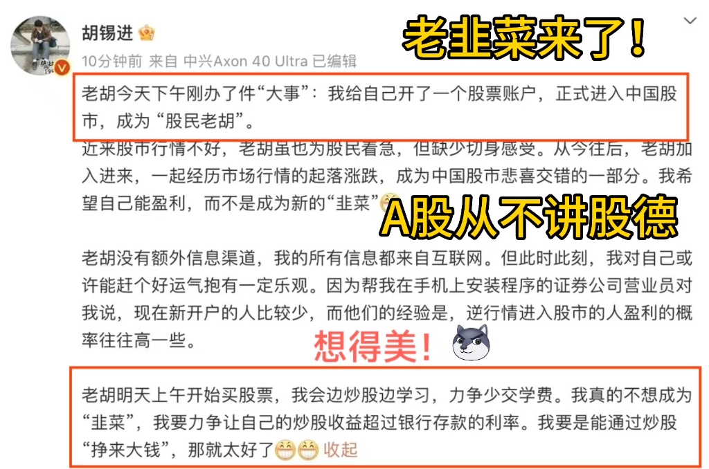 胡锡进来A股了!到底是“老胡底”,还是来送人头?-淘沙博士-淘沙博士-哔哩哔哩视频