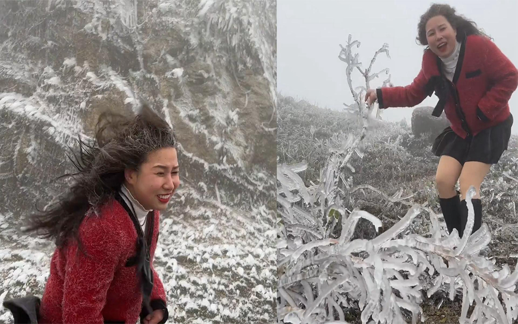 女子穿裙子到衡山欣赏雾凇,不料头发冻成冰人被风吹懵:美丽冻人