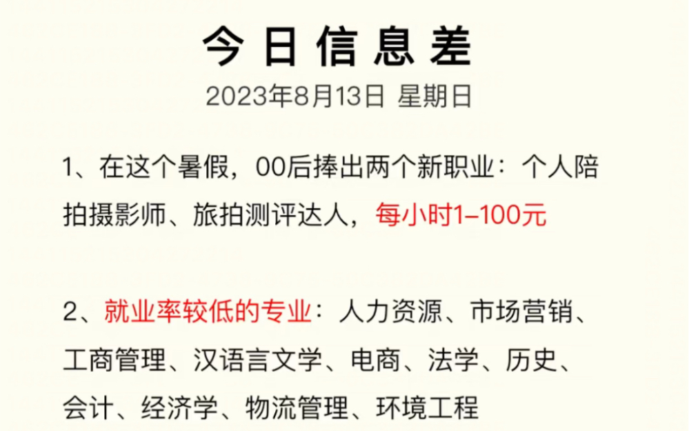 今日信息差8月13日|就业率较低的专业:人力资源、市场营销、工商管理、汉语言文学、电商……哔哩哔哩bilibili