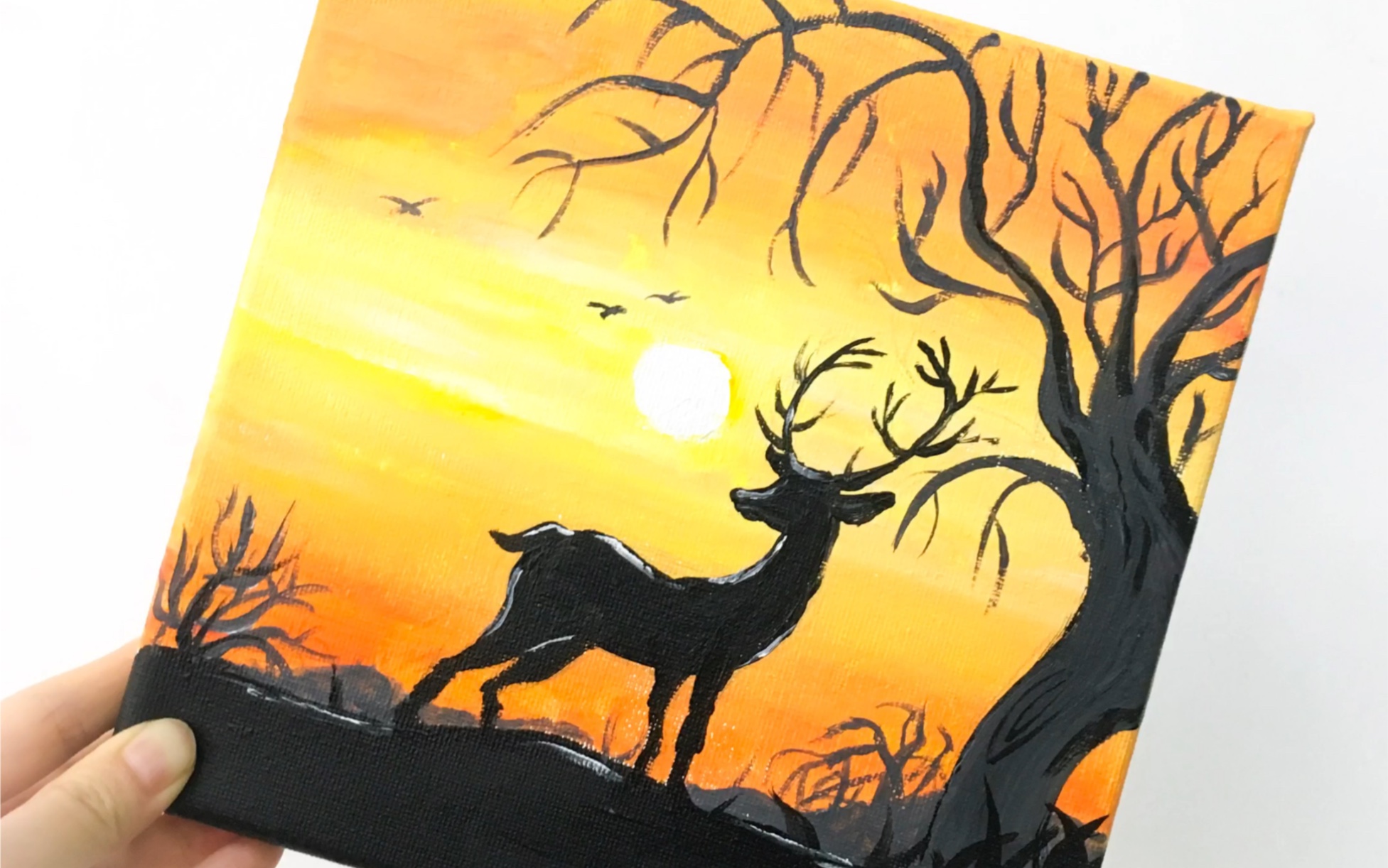 丙烯画分享:黄昏下的麋鹿