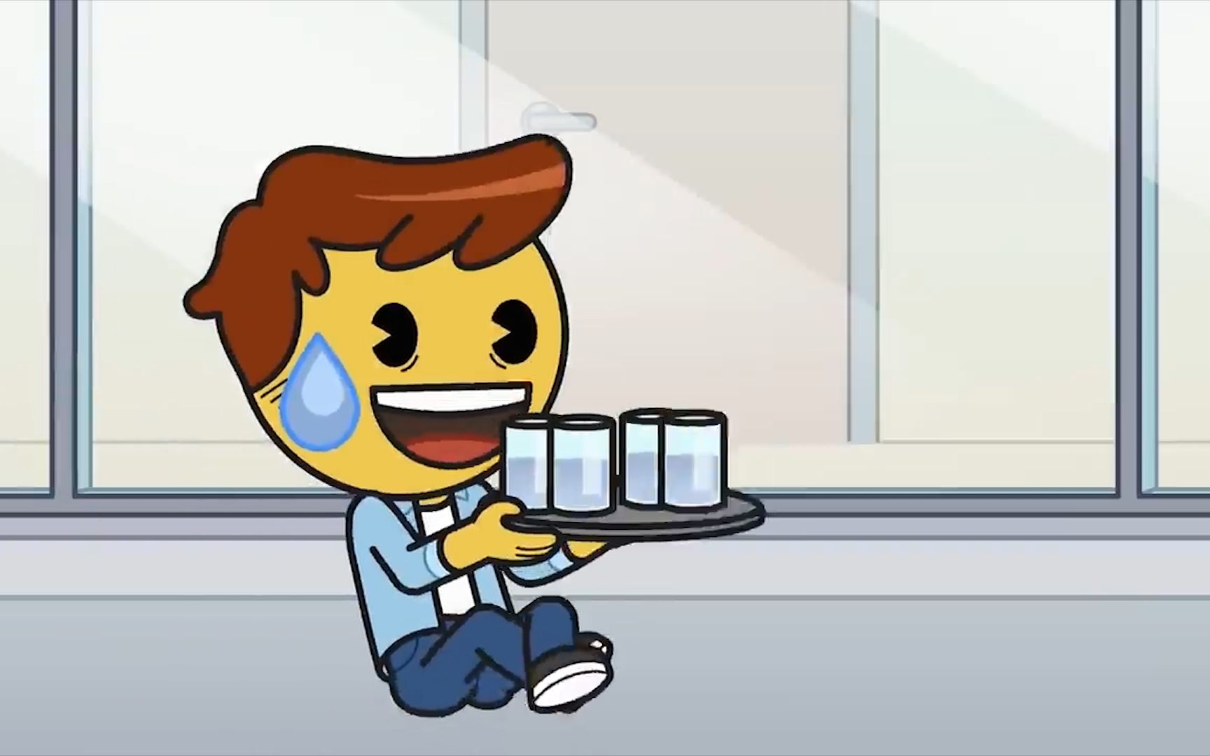 男孩双脚健在,却坐在地上挪动着给顾客端水,搞笑动画