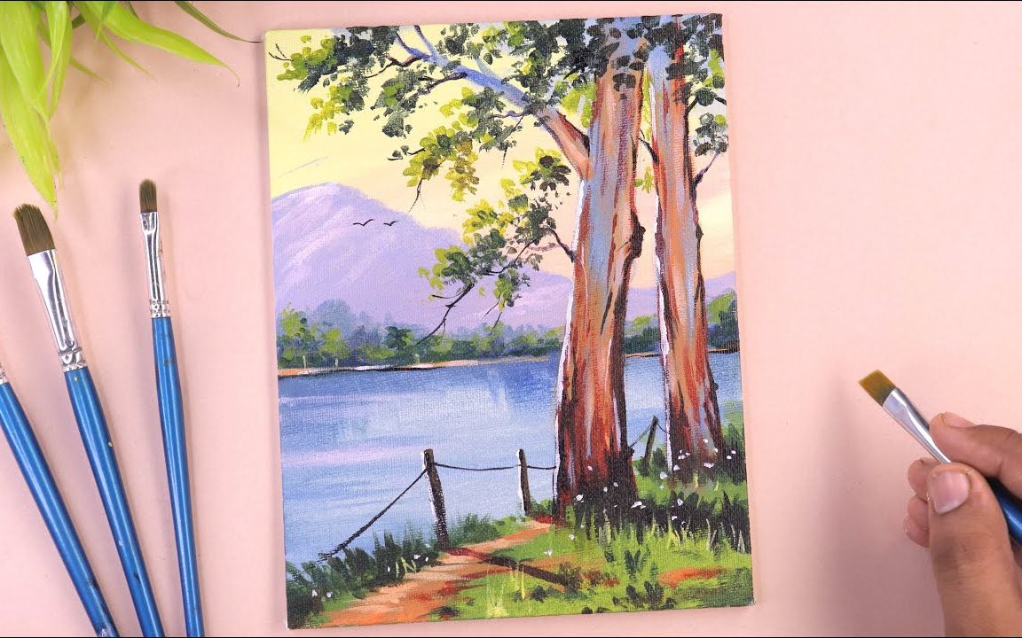 【丙烯画】【绘画教程】春天的树和山Acrylic painting of spring tree and mountain哔哩哔哩bilibili