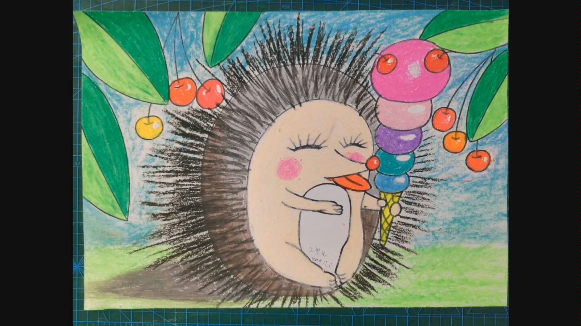 油画棒范画吃冰激凌的刺猬绘画教程