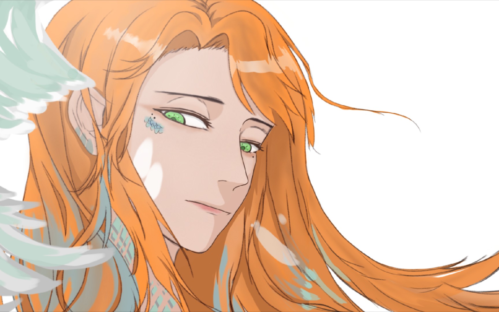 【羽】sketchbook/线条/上色/创作练习-橙黄发/绿瞳/羽毛-2021.1.