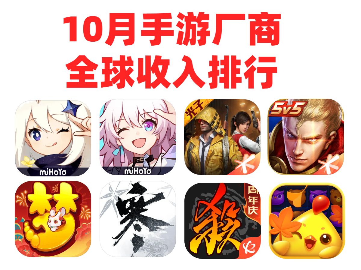 10月中国手游厂商收入排行榜TOP30 三巨头!(走进珂学版)哔哩哔哩bilibili手游情报