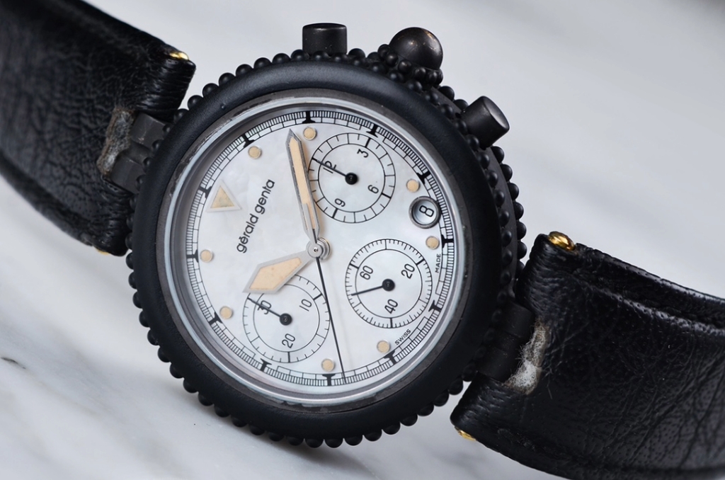 【售价9800rmb】品牌:尊达gerald genta系列:pvd黑钢珍珠贝母面计时